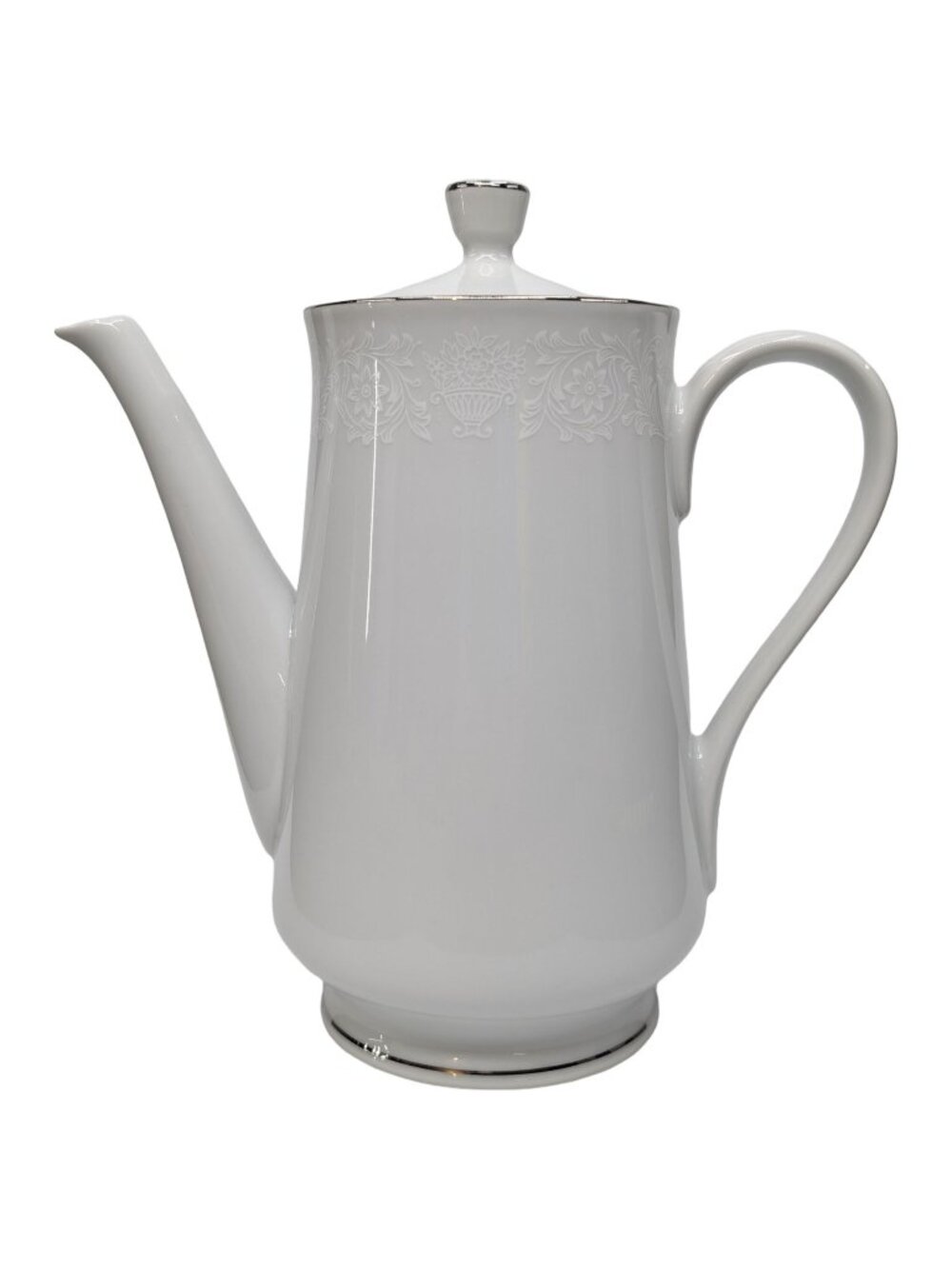 Vtg Crown Victoria Coffee Pot Pitcher with Lid White Floral Silver Trim 1003 9"